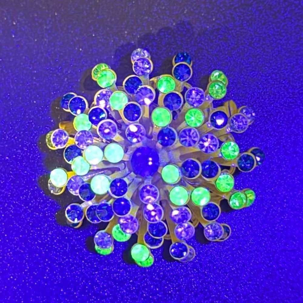 Vintage Atomic Brooch Yellow Blue Green Clear Rhinestones Sputnik Starburst - Picture 3 of 14